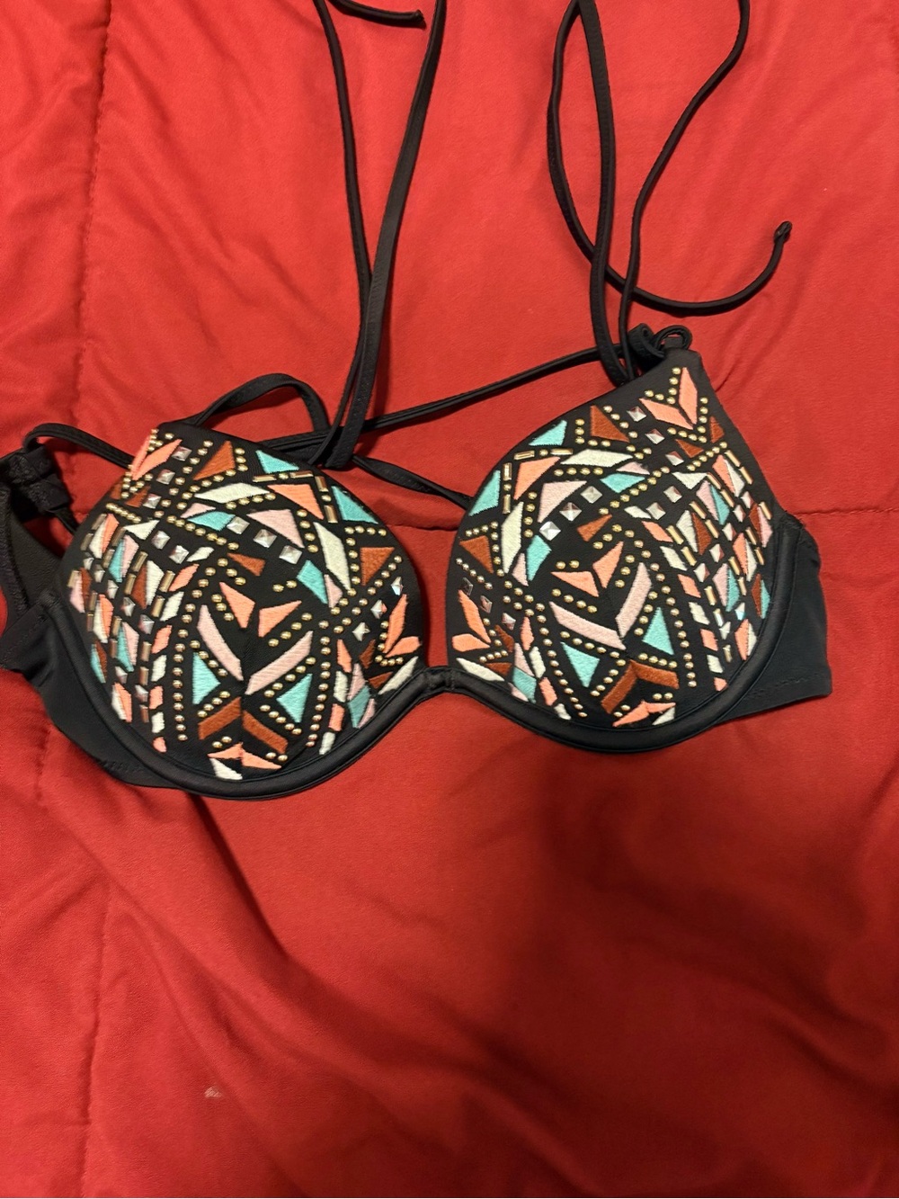 Shade and Shore Bikini Top with Coral, Mint & Peach Geometric Patter